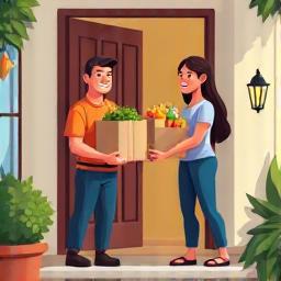 Illustration of a friendly delivery person handing groceries to a happy customer